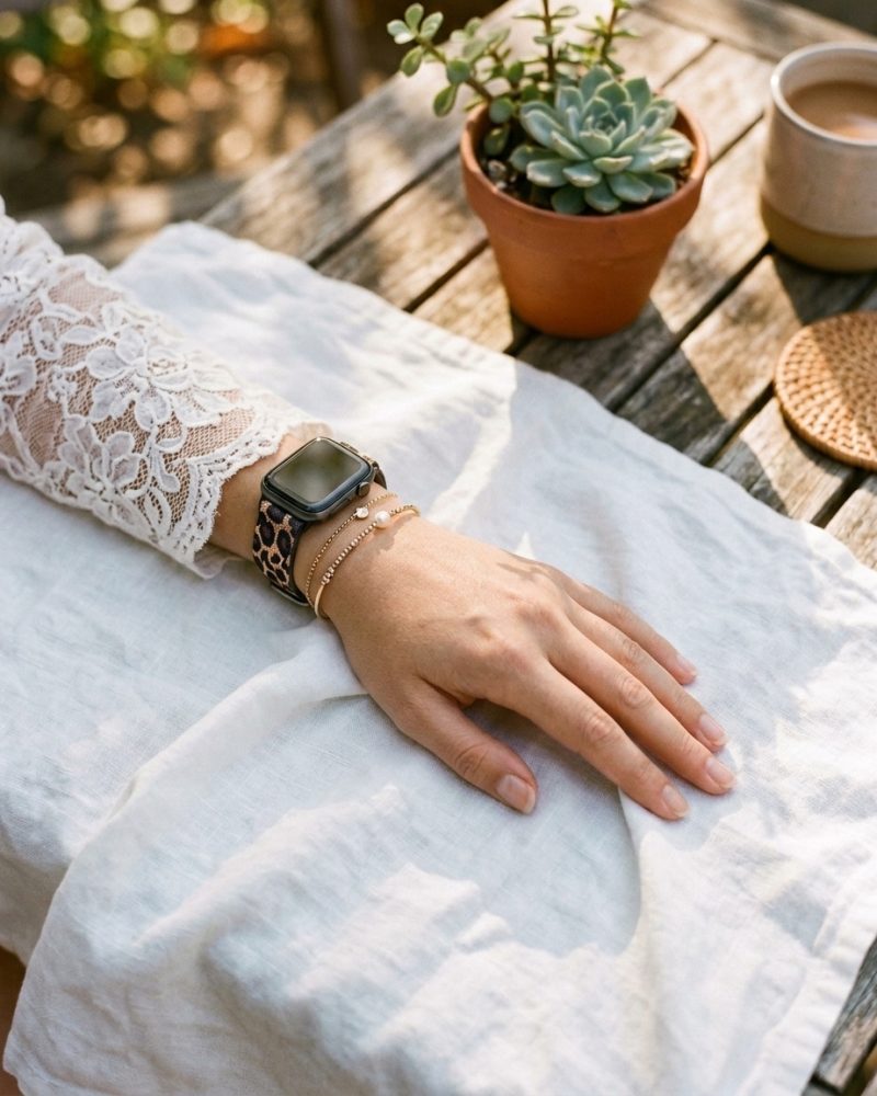 Model wearing Leopard Print Elastic Loop for Apple Watch Apple Watch band
