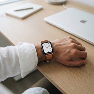 Model wearing Light Brown Lincoln Leather Band for Apple Watch Apple Watch band