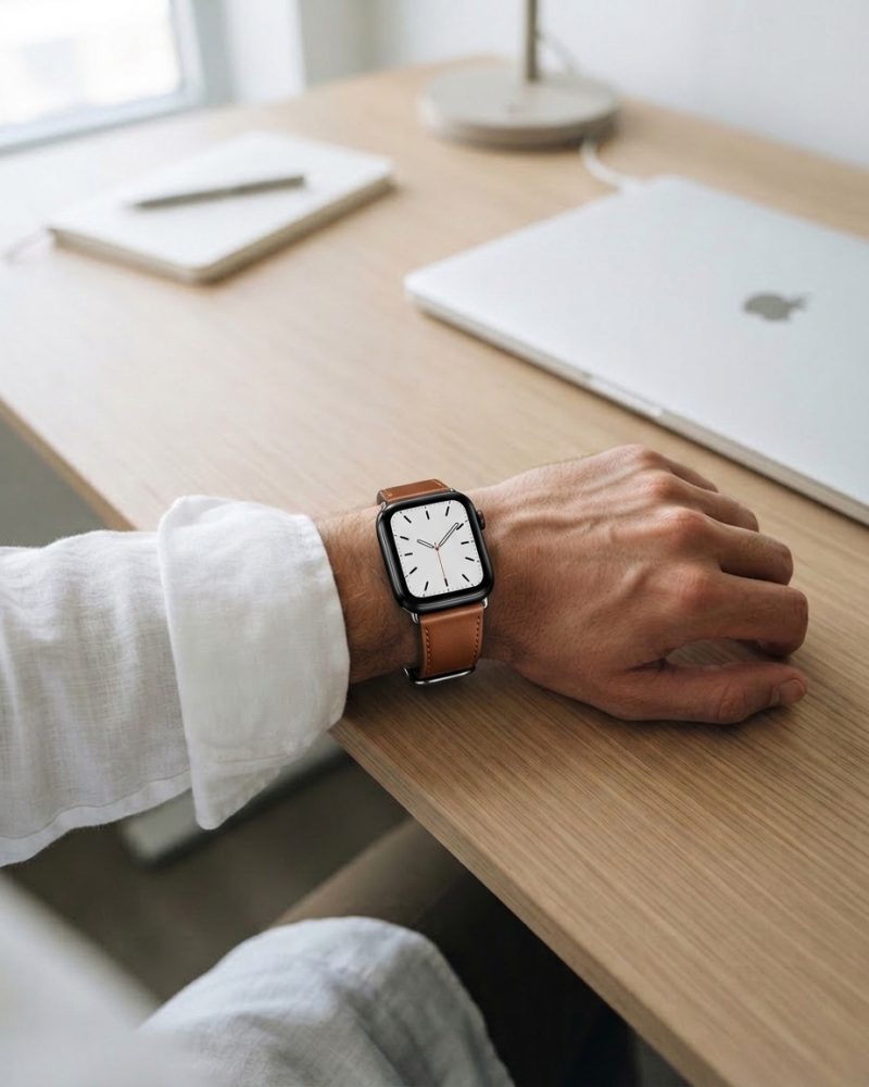 Model wearing Light Brown Lincoln Leather Band for Apple Watch Apple Watch band