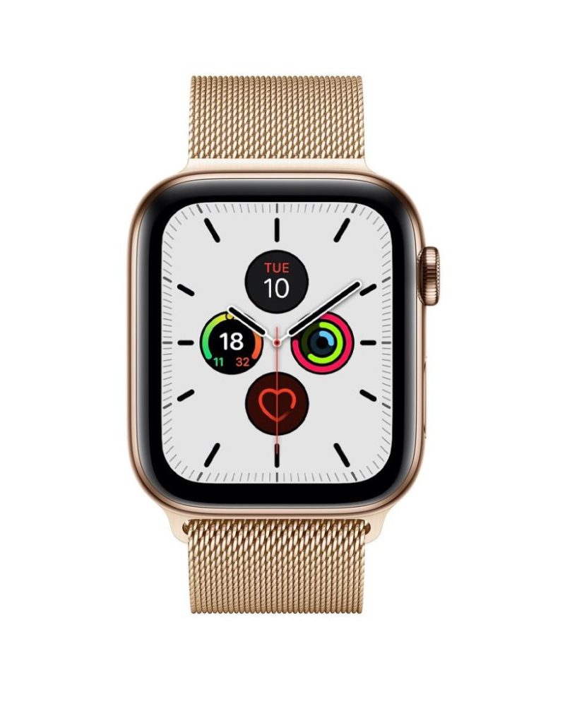 Light gold stainless steel mesh Milanese Loop Apple Watch band displayed on watch.