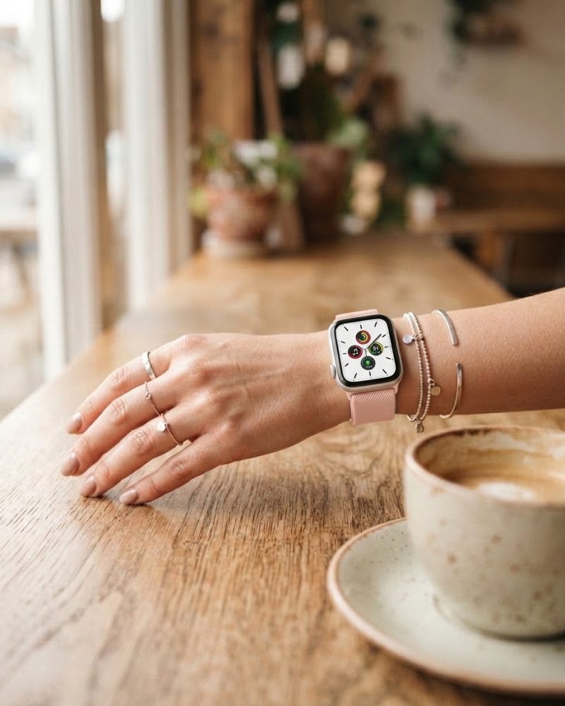 Model wearing Light Pink Elastic Loop Band for Apple Watch Apple Watch band