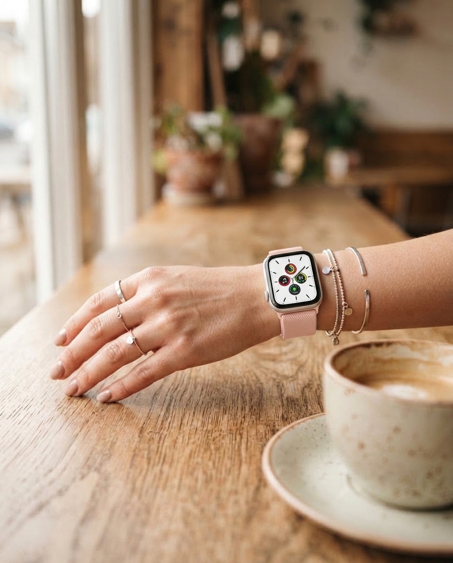 Model wearing Light Pink Elastic Loop Band for Apple Watch Apple Watch band