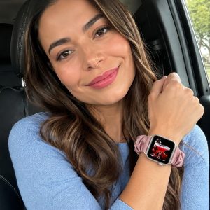 Model wearing Light Pink Shimmer Scrunchie Loop Band for Apple Watch Apple Watch band
