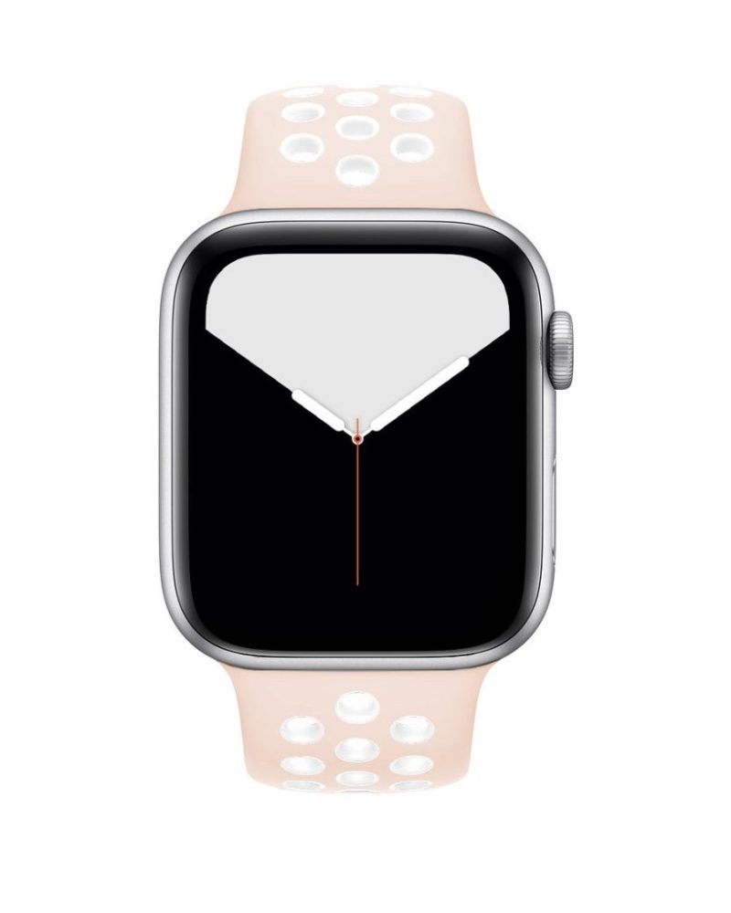 Light pink and white perforated silicone sport band on silver Apple Watch