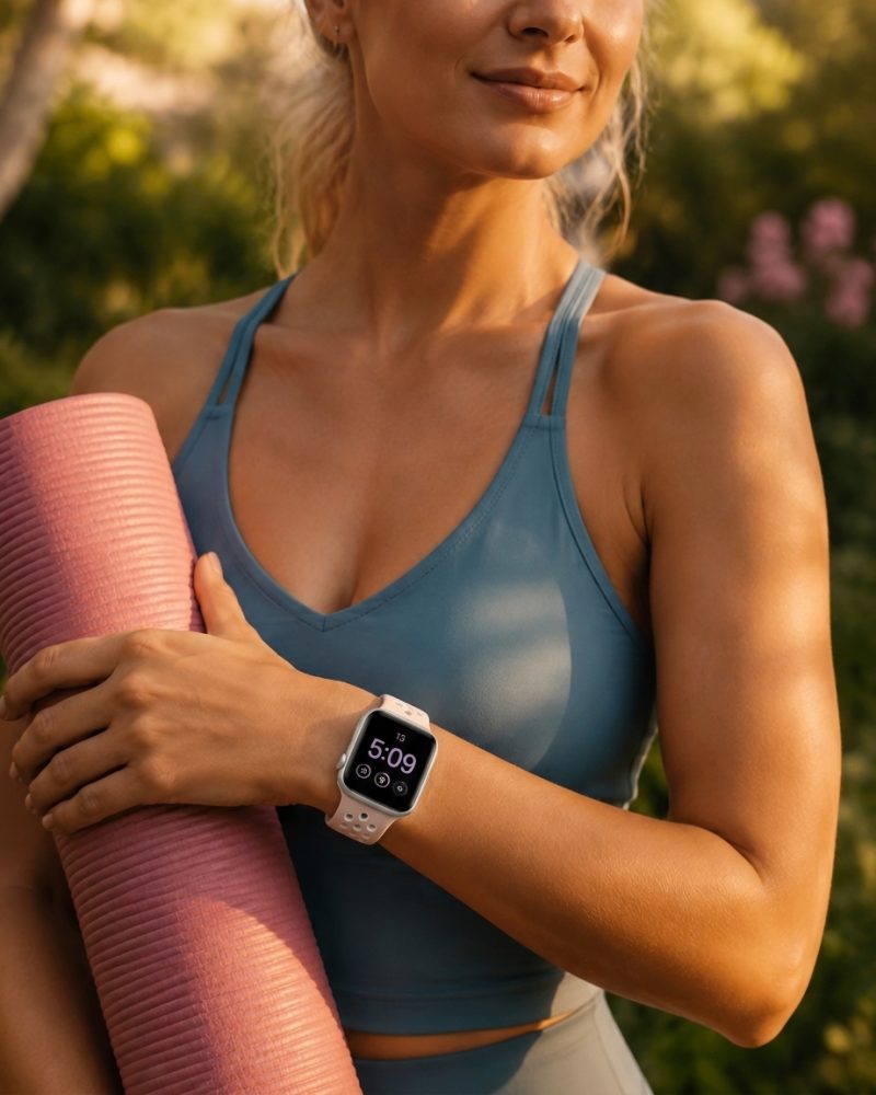 Model wearing Light Pink/White Sport Band Active for Apple Watch Apple Watch band