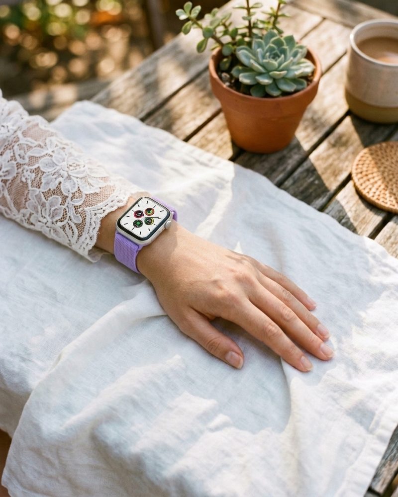 Model wearing Light Purple Elastic Loop Band for Apple Watch Apple Watch band