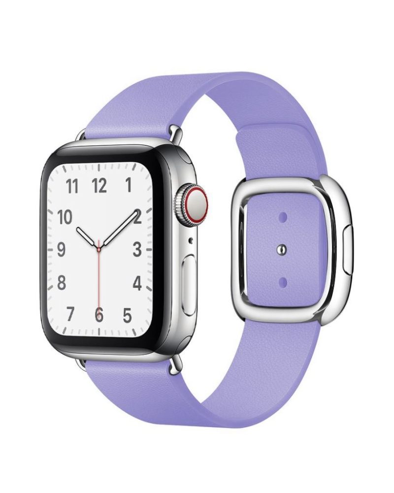 Lilac leather Apple Watch band with square silver modern buckle clasp