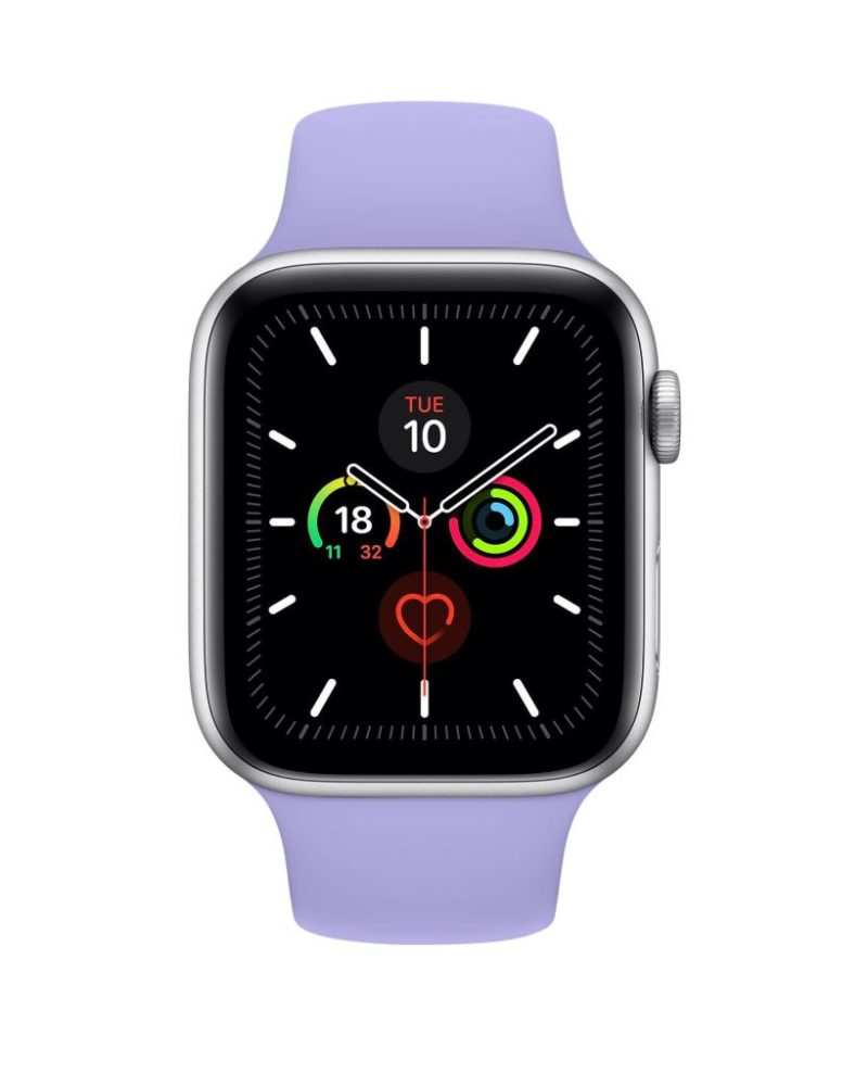 Lilac silicone Apple Watch sport band with silver aluminum case front view
