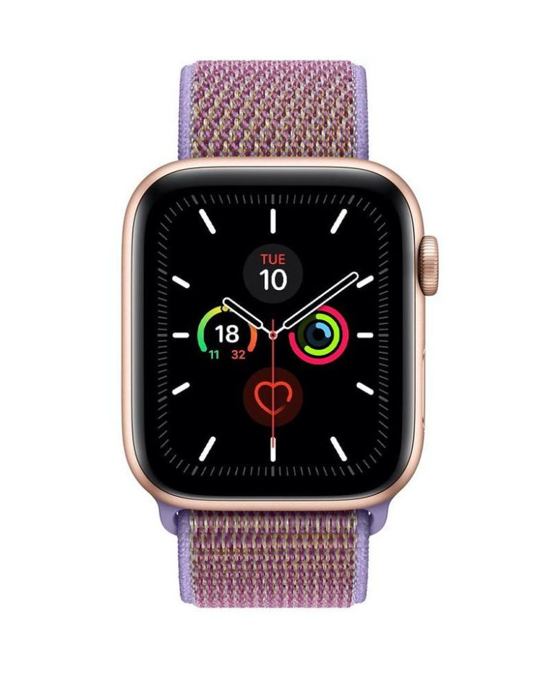 Lilac and pink woven nylon Sport Loop band on gold aluminum Apple Watch