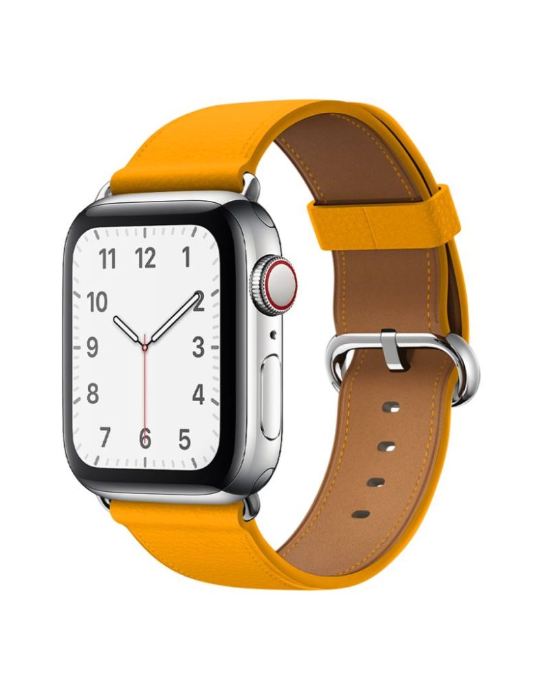Marigold yellow leather Apple Watch band with silver buckle clasp