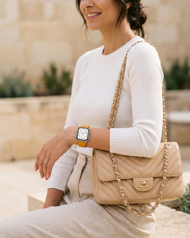 Model wearing Marigold Classic Leather Buckle for Apple Watch Apple Watch band