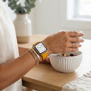Model wearing Marigold Classic Leather Buckle for Apple Watch Apple Watch band