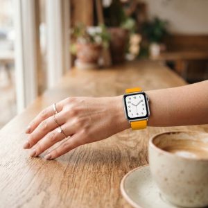 Model wearing Marigold Classic Leather Buckle for Apple Watch Apple Watch band