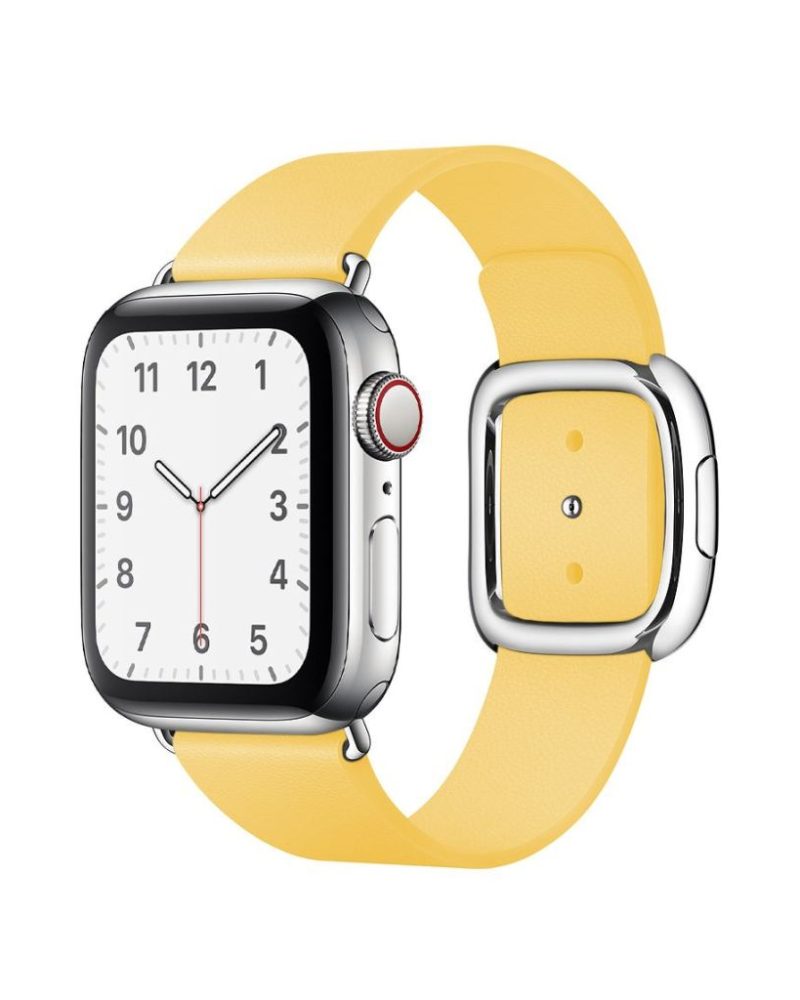 Marigold yellow leather Apple Watch band with silver modern buckle clasp