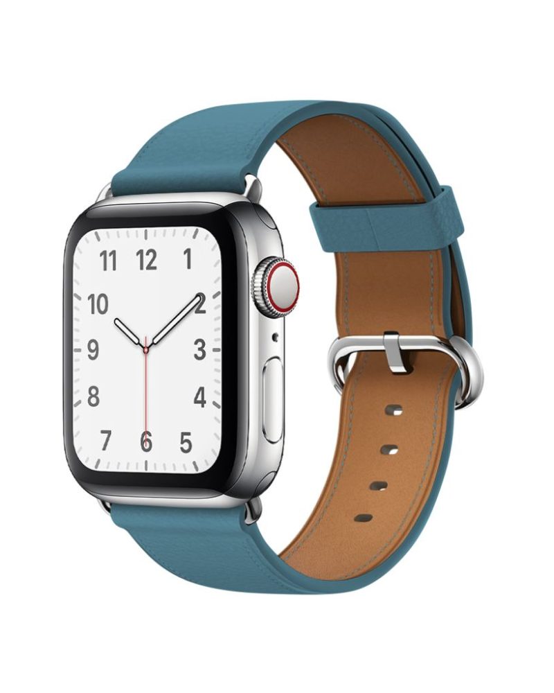 Marine blue leather Apple Watch band with silver classic buckle clasp