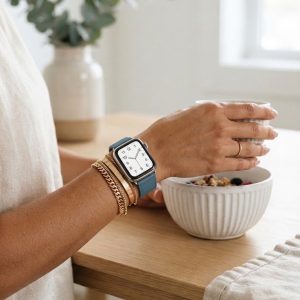 Model wearing Marine Blue Classic Leather Buckle for Apple Watch Apple Watch band