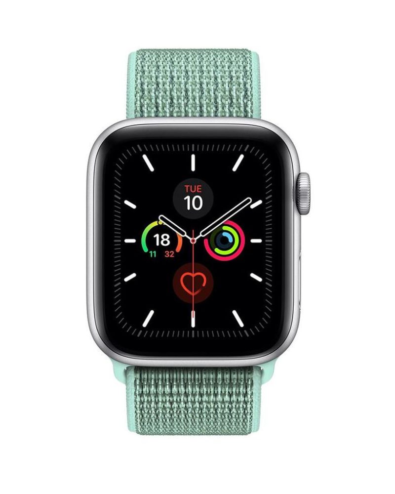 Marine Green woven nylon Sport Loop band for Apple Watch with silver case
