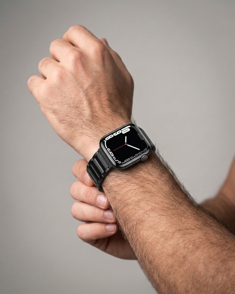 Model wearing Maximus Magnetic Stainless Steel Band for Apple Watch in Black Apple Watch band