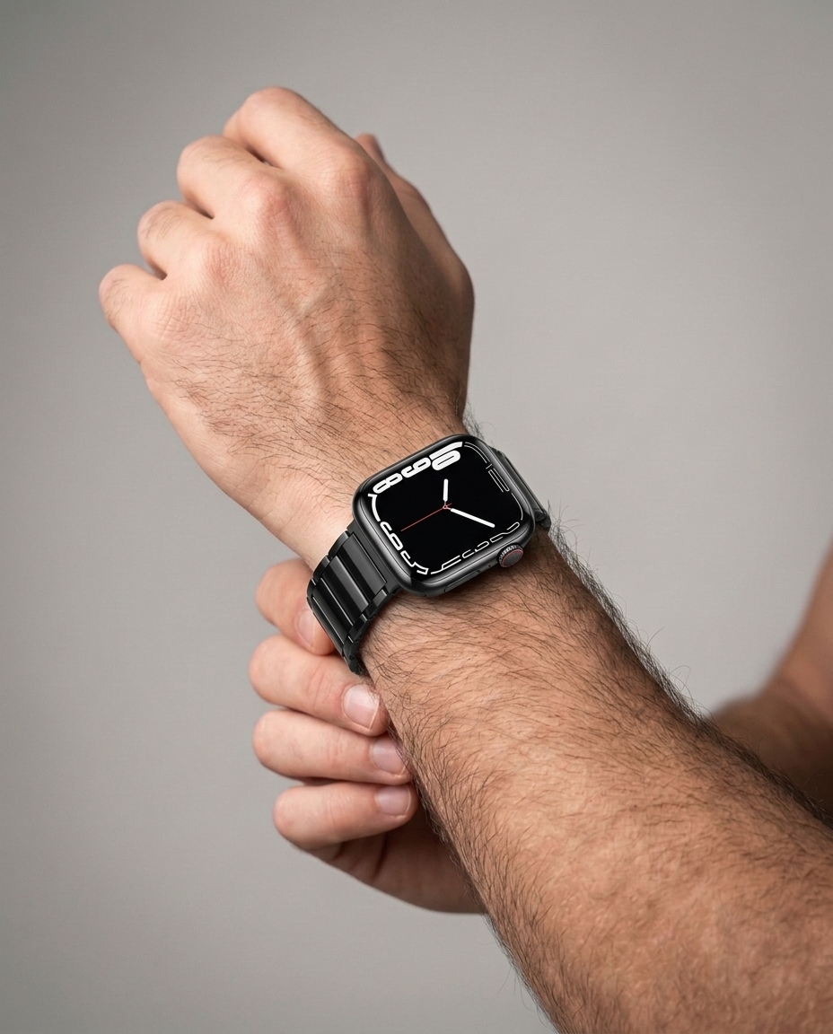 Model wearing Maximus Magnetic Stainless Steel Band for Apple Watch in Black Apple Watch band