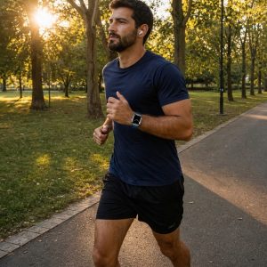 Model wearing Maximus Magnetic Stainless Steel Band for Apple Watch in Blue Apple Watch band