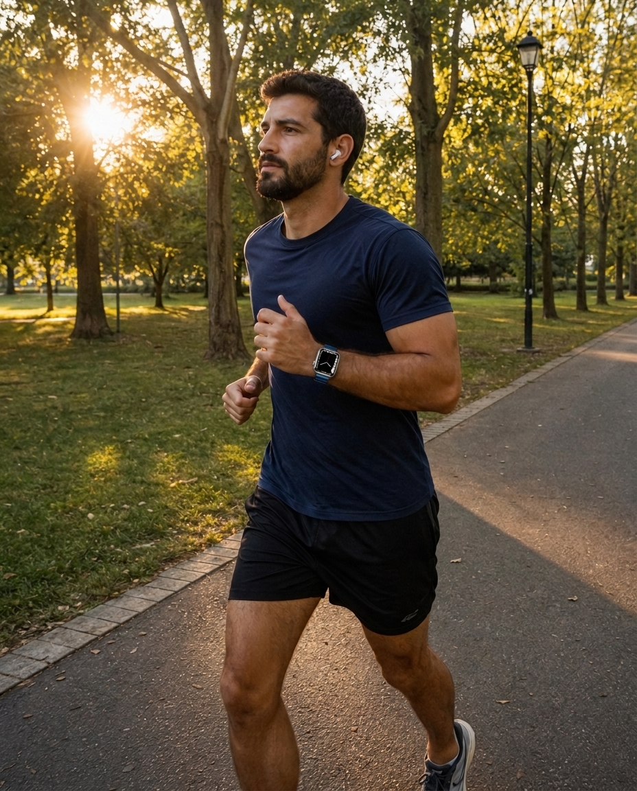 Model wearing Maximus Magnetic Stainless Steel Band for Apple Watch in Blue Apple Watch band