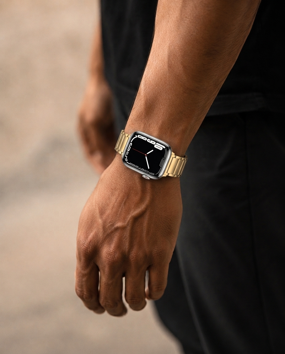 Model wearing Maximus Magnetic Stainless Steel Band for Apple Watch in Gold Apple Watch band