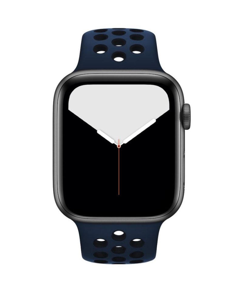 Midnight blue and black perforated silicone sport band on Apple Watch with space grey aluminum case