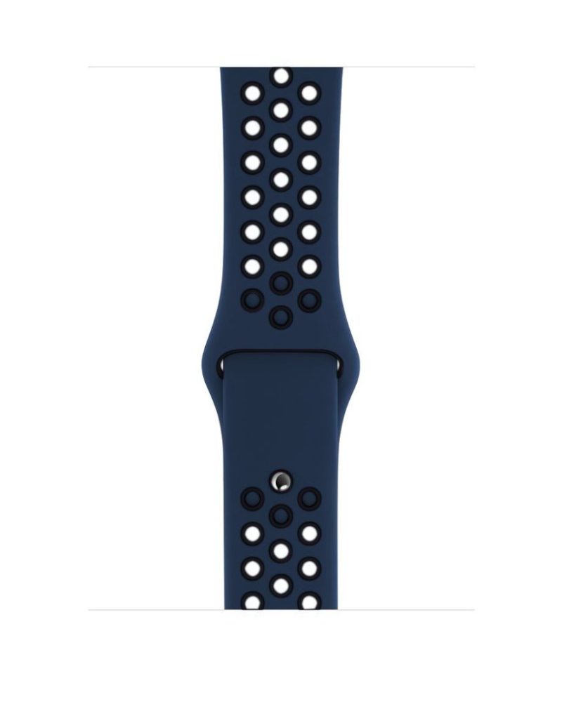 Midnight blue and black perforated silicone Apple Watch sport band with pin-and-tuck closure