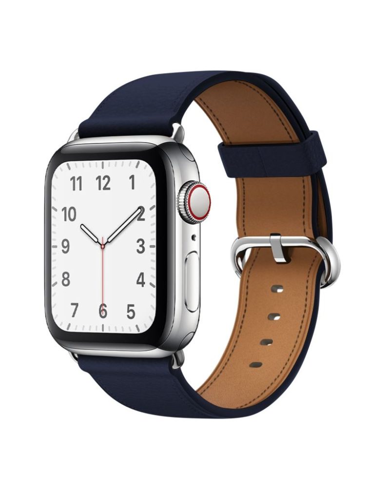 Midnight blue leather Apple Watch band with silver classic buckle clasp