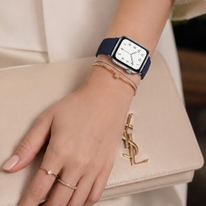 Model wearing Midnight Blue Classic Leather Buckle for Apple Watch Apple Watch band