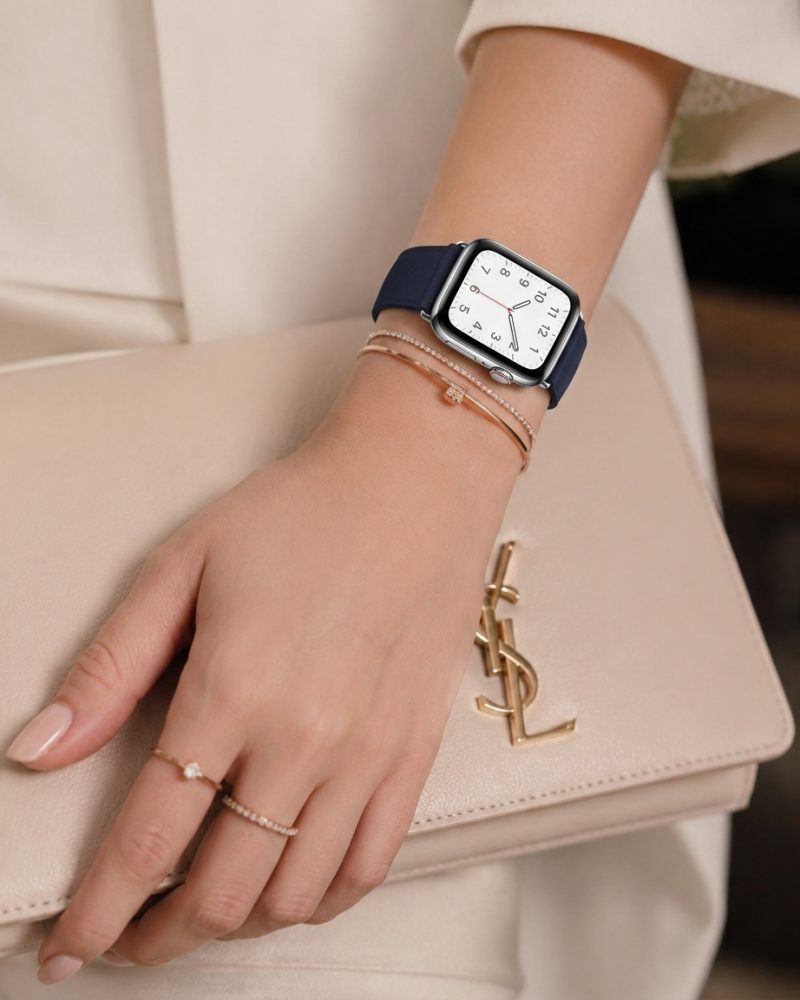 Model wearing Midnight Blue Classic Leather Buckle for Apple Watch Apple Watch band