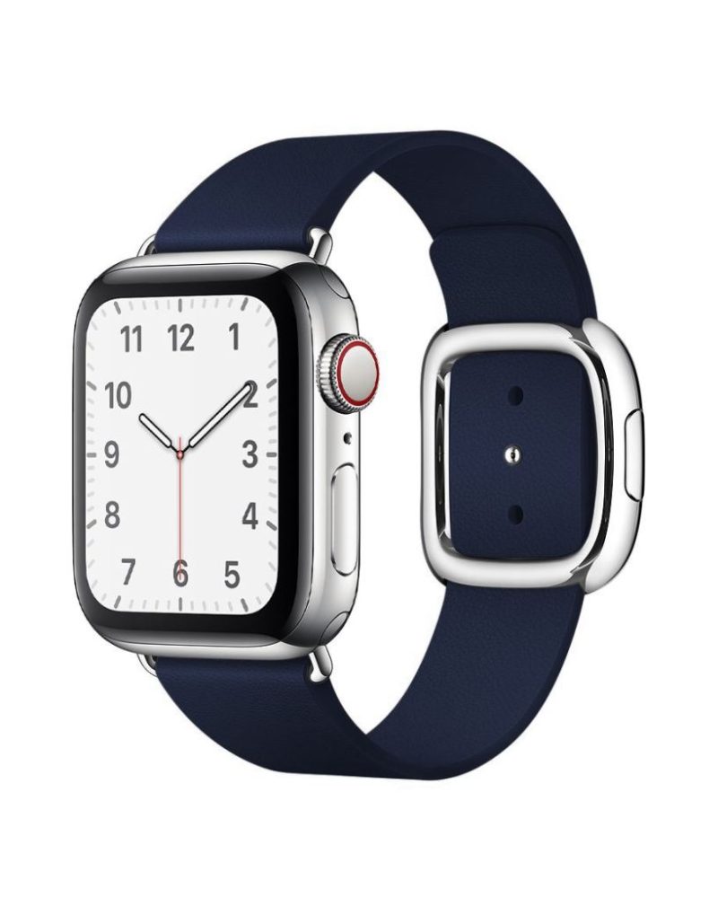 Midnight blue leather Apple Watch band with silver modern buckle clasp