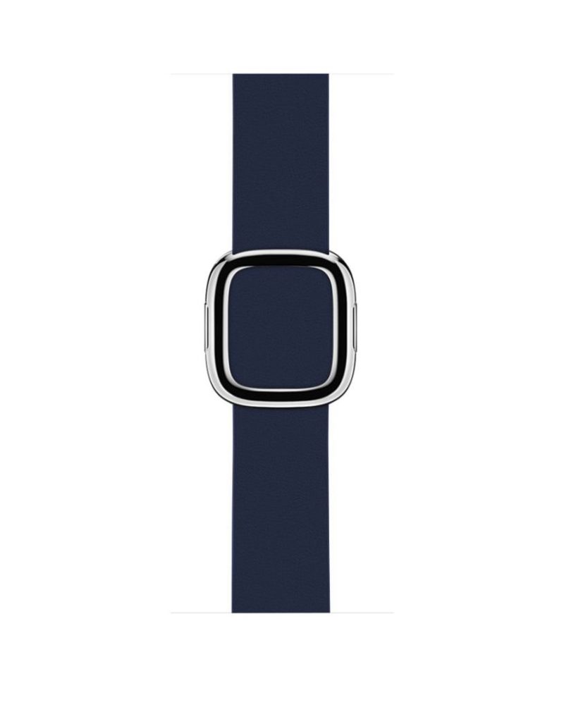 Midnight blue leather Apple Watch band with polished silver modern buckle clasp