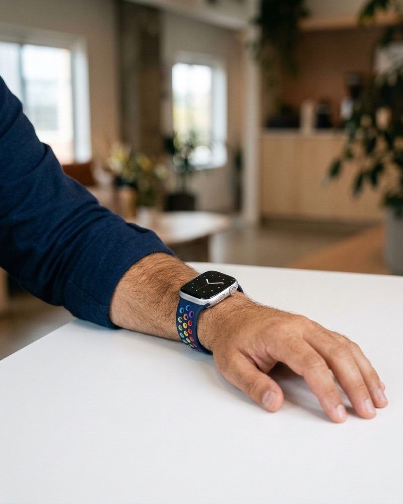Model wearing Midnight Blue/Rainbow Pride Sport Band Active for Apple Watch Apple Watch band