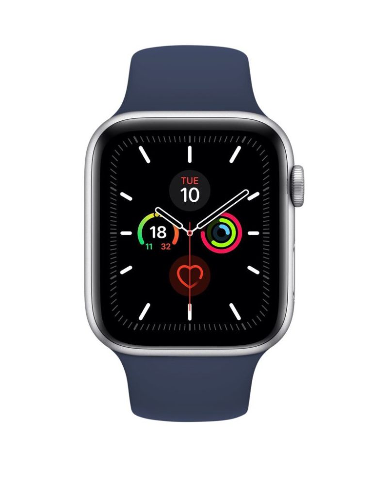Midnight blue silicone Apple Watch sport band with silver aluminum case front view