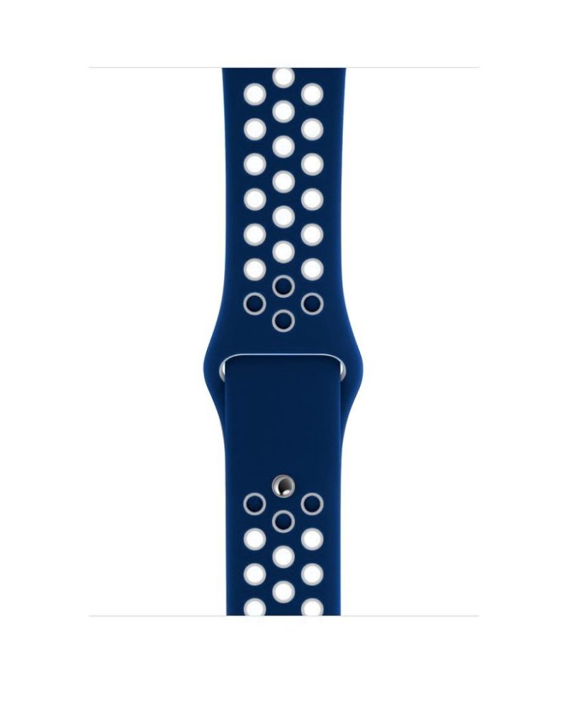 Midnight blue and white perforated silicone sport band for Apple Watch with pin-and-tuck closure