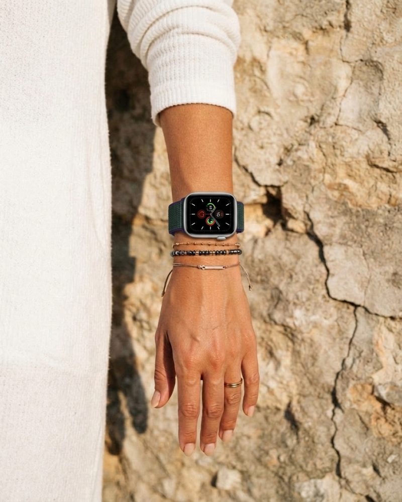 Model wearing Midnight Fog Sport Loop For Apple Watch Apple Watch band