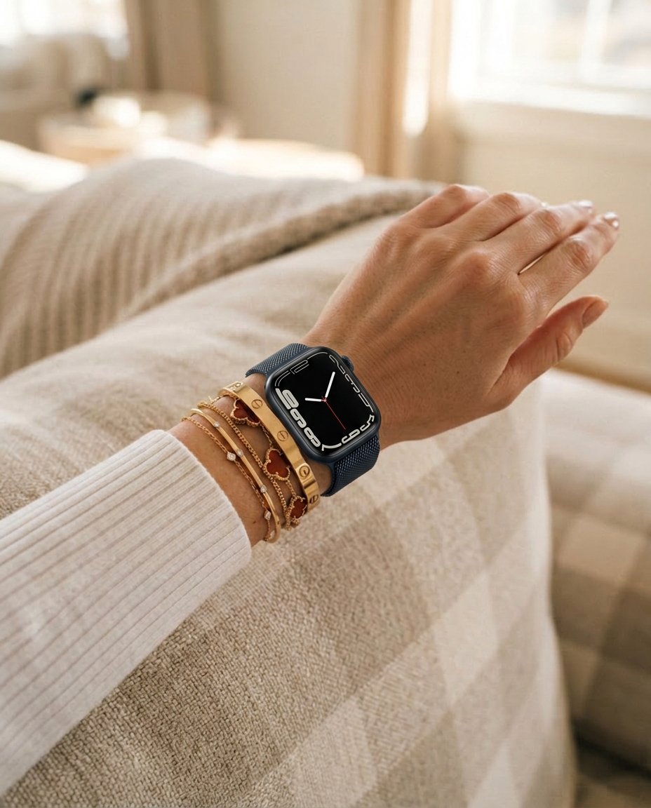 Model wearing Midnight Milanese Loop For Apple Watch Apple Watch band