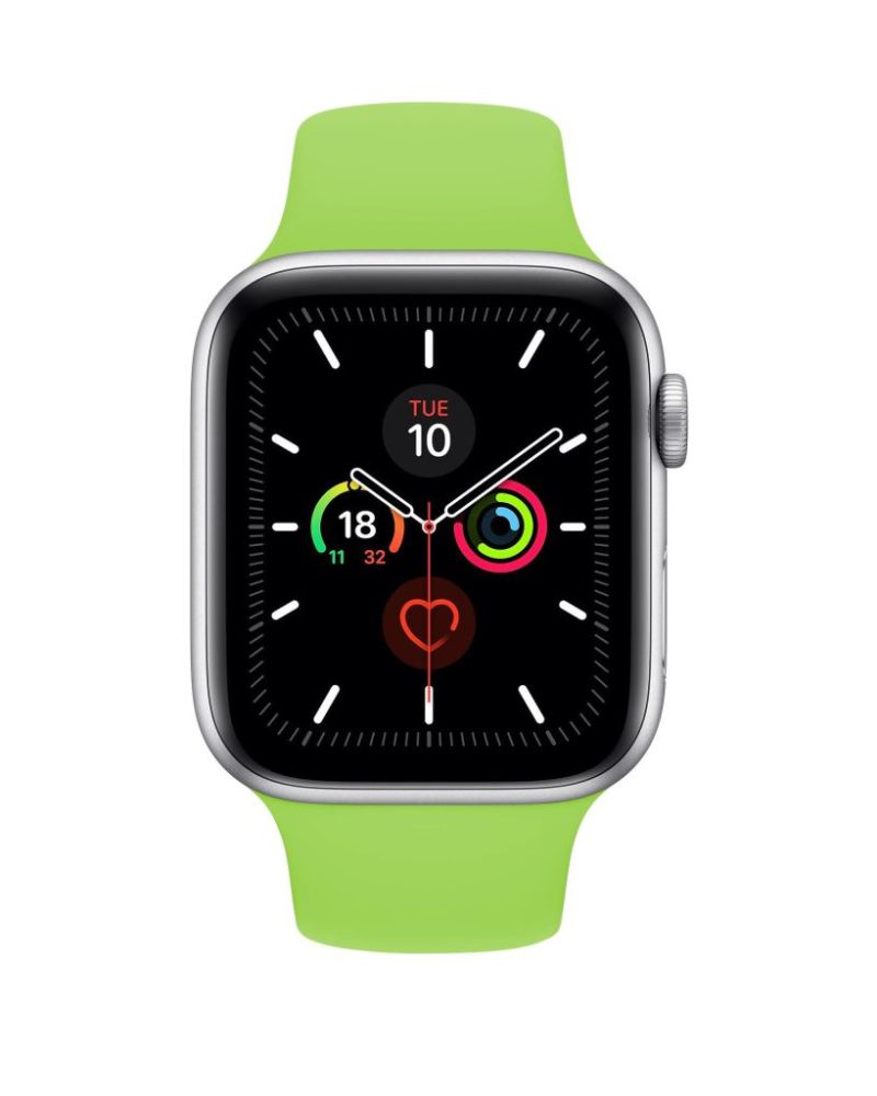 Mint green silicone Apple Watch sport band with silver aluminum case