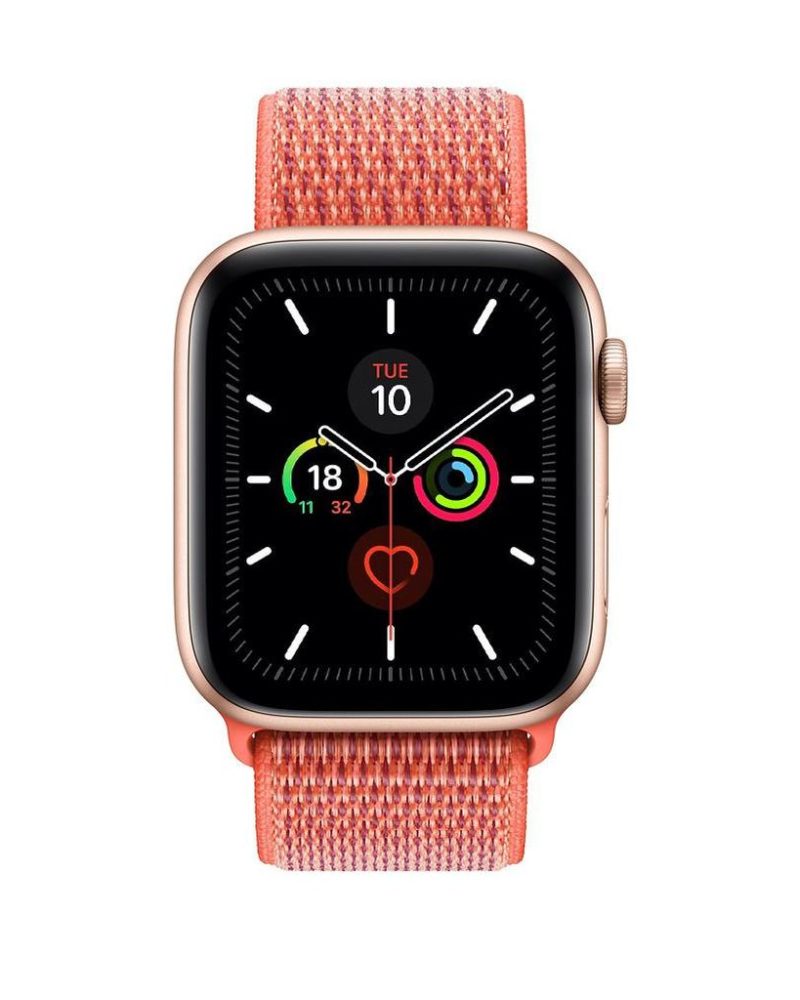 Nectarine orange woven nylon Sport Loop band on gold Apple Watch