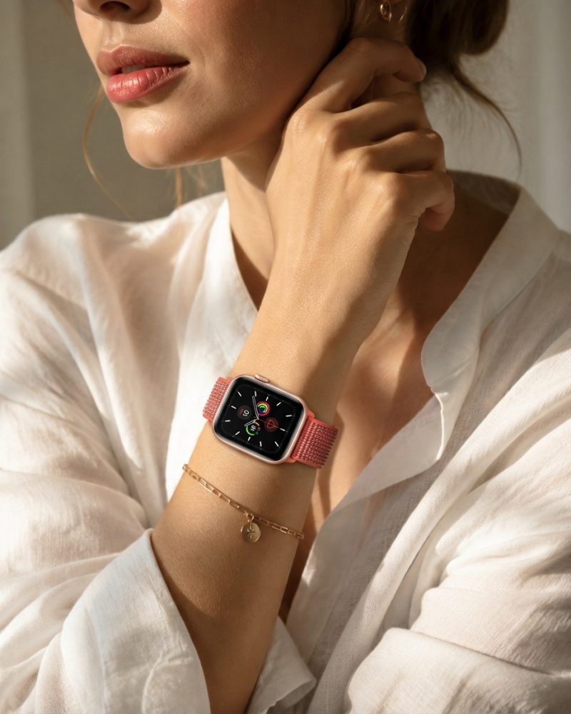 Model wearing Nectarine Sport Loop For Apple Watch Apple Watch band