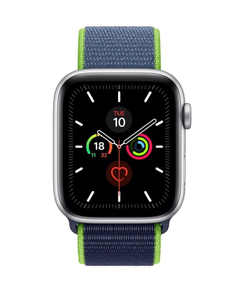 Neon lime and navy blue woven nylon Sport Loop band on Apple Watch