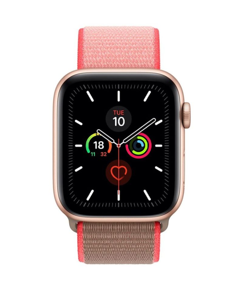 Neon pink and beige woven nylon Sport Loop band on gold Apple Watch
