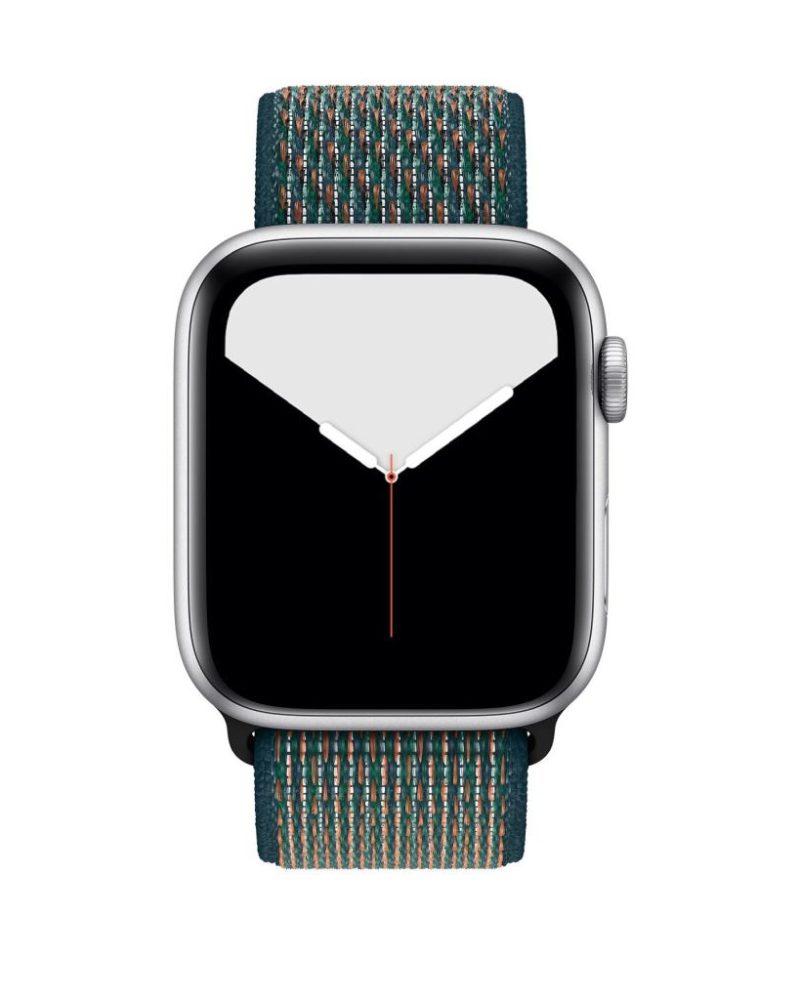 Neptune green woven nylon Sport Loop band on silver Apple Watch, front view