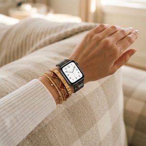 Model wearing Noir All-Over Print Single Tour Leather for Apple Watch Apple Watch band