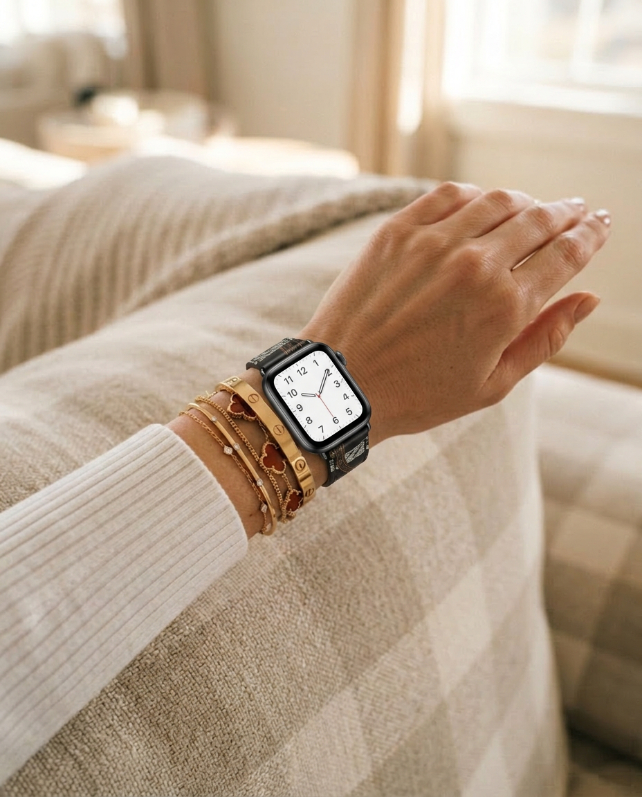 Model wearing Noir All-Over Print Single Tour Leather for Apple Watch Apple Watch band