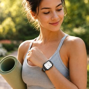 Model wearing Noir All-Over Print Single Tour Leather for Apple Watch Apple Watch band
