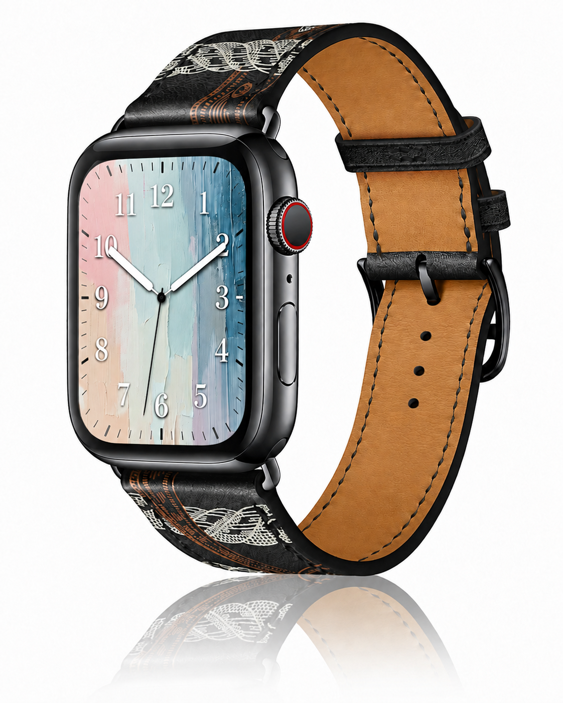 Model wearing Noir All-Over Print Single Tour Leather for Apple Watch Apple Watch band