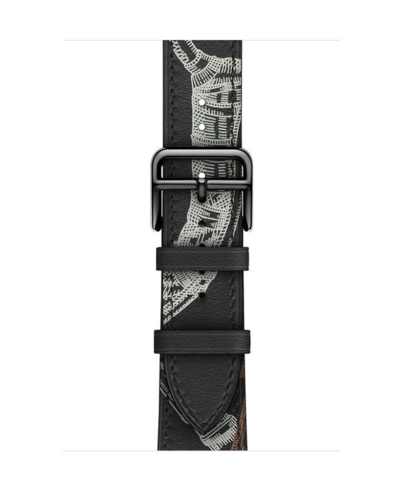 Black leather Apple Watch strap with cream elephant all-over print pattern