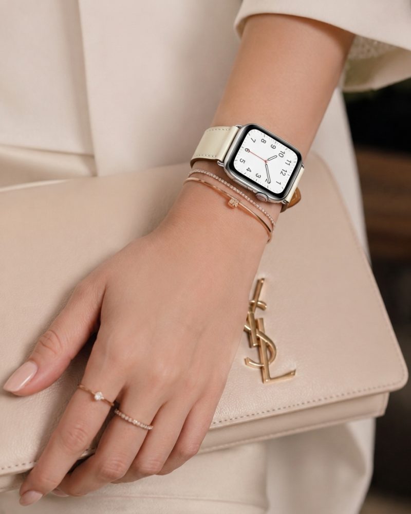 Model wearing Noir/Blanc/Gold Single Tour Leather for Apple Watch Apple Watch band